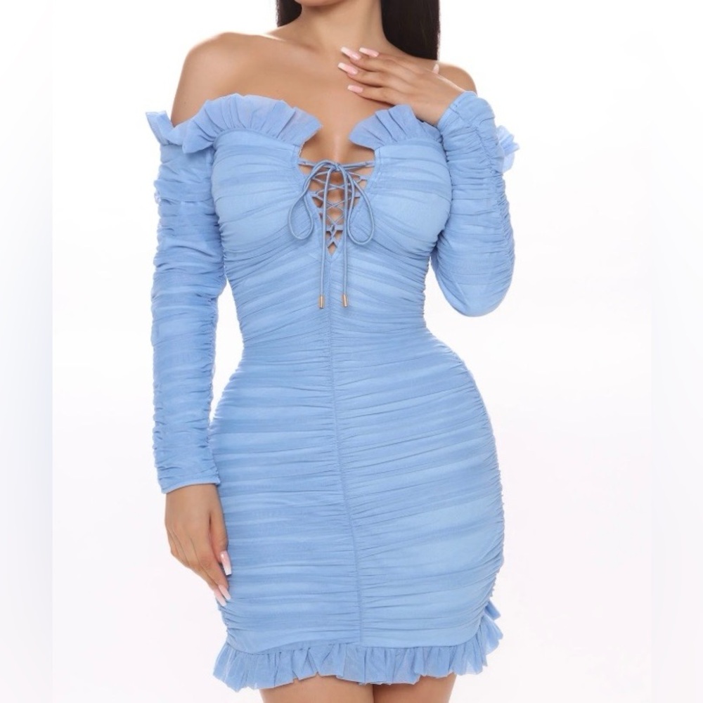 Fashion Nova Blue Ruched Bodycon Mini Dress